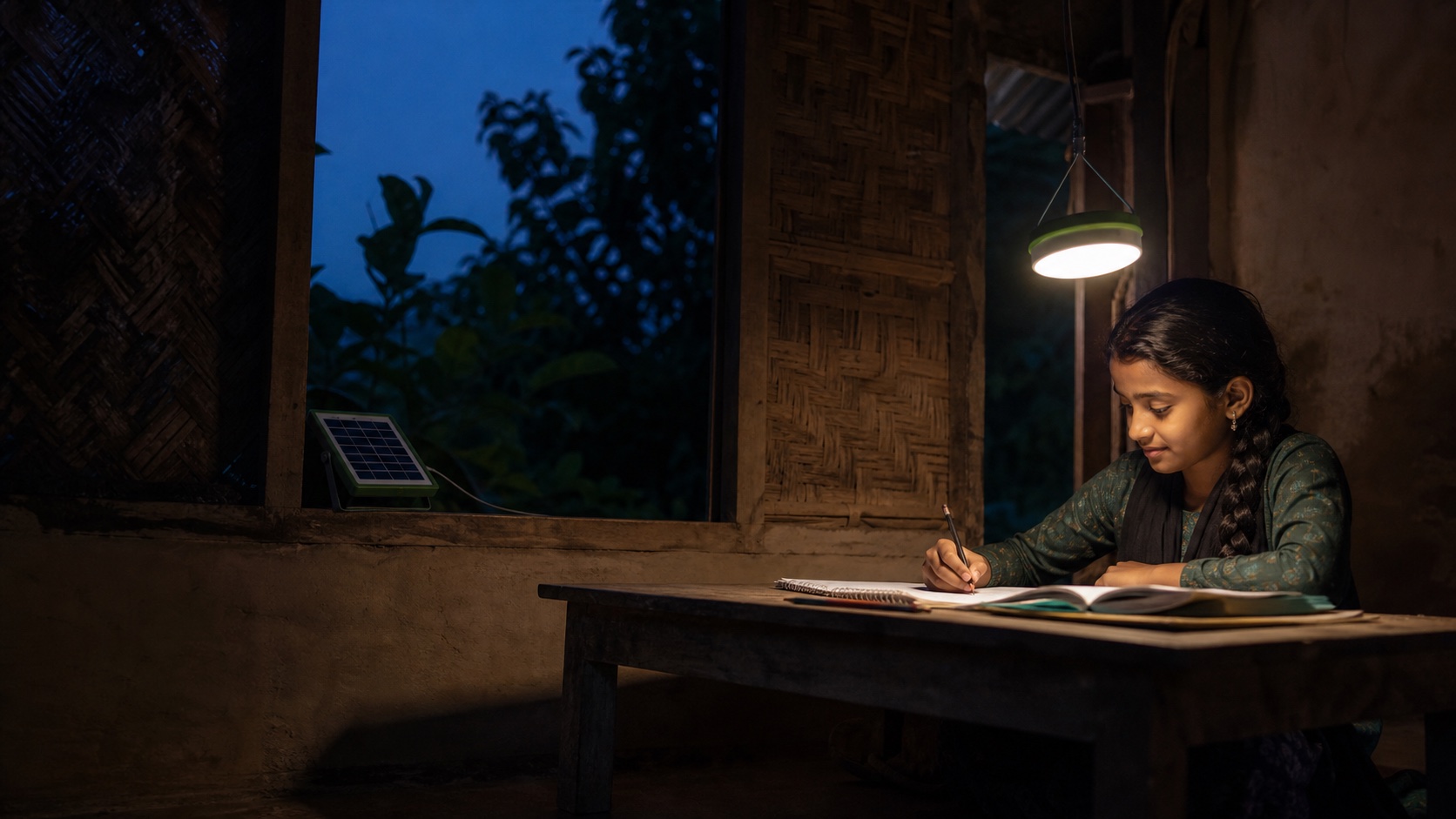 A Bangladeshi schoolgirl studying at dusk beneath a solar-powered lantern